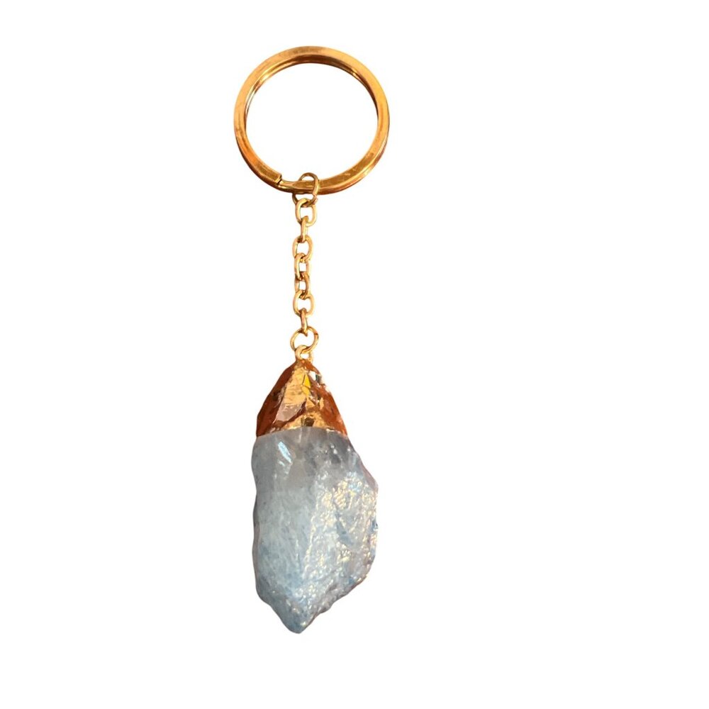 Blue Raw Crystal Stone Point Keychain Bag Charm Gold Leaf 4.25" Long